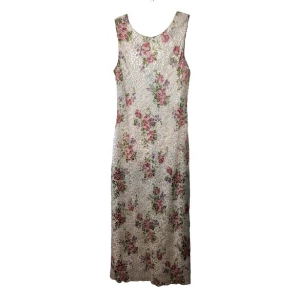 Vintage 90's J.B.S Ltd Maxi Dress Sleeveless Floral Lace Sheer Overlay V Back - Picture 2 of 10